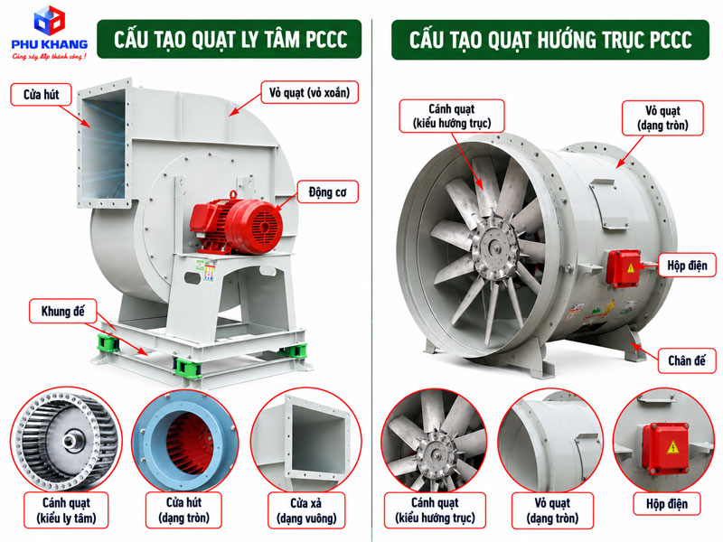 Cấu tạo quạt hút khói PCCC gồm động cơ cánh quạt và vỏ quạt
